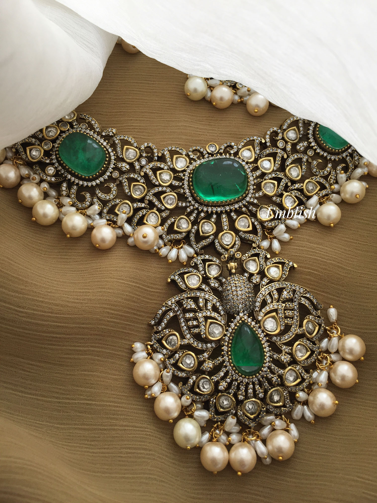 Grand Victorian Dancing Peacock with Rice Pearl Neckpiece
